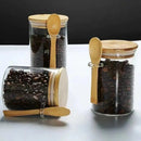 Recipiente de Vidro Transparente com Tampas de Bambu e Colher de Madeira - eKoloja